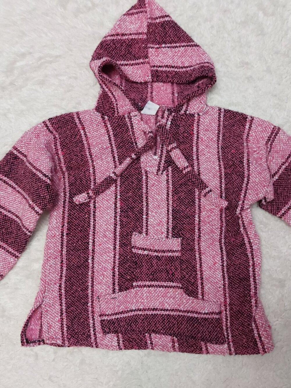 Vintage Mexican Handmade Kid's Baja Hoodie & Kangaroo Pocket Pink Textured Woven